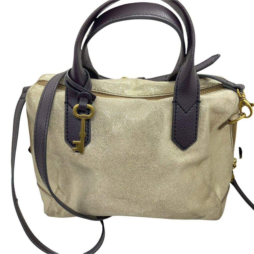 Fossil Satchel Handbag Metallic ZB7428 Tan Gold Shimmer Leather Detachable Strap